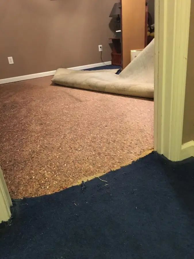 Carpet pad removal revealing water damage during Drying & Dehumidification in Brooklyn